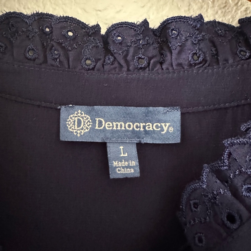 Democracy Navy Button-Front Ruffle Trim Blouse - Picture 3 of 4